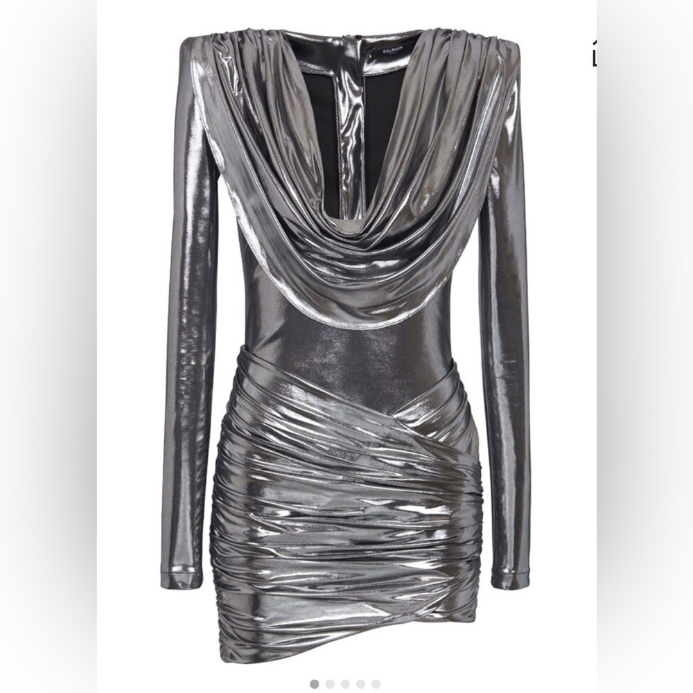 Balmain Metallic Draped Cowl Neck Long Sleeve Mini Dress